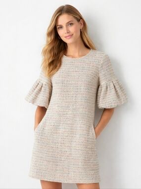 LOFT Multicolor Confetti Tweed Short Puff Sleeve Speckled Knit Shift Dress